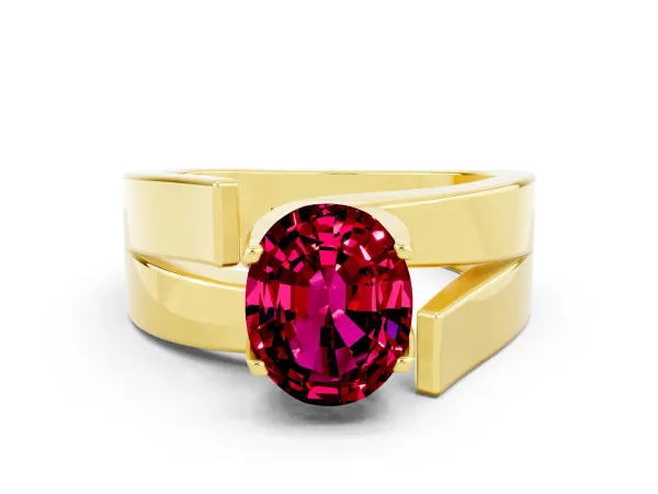 Modern Tension Set Oval Cut Garnet Solitaire Wide Band Ring Yellow gold