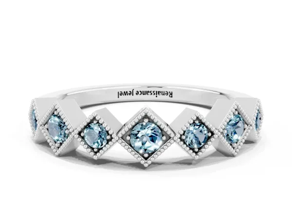 Milgrain Square Bezel Round Aquamarine Chevron Band Platinum