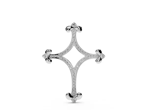 Pavé Diamond Cushion Cross Pendant with Fleur-de-Lis Prongs White gold