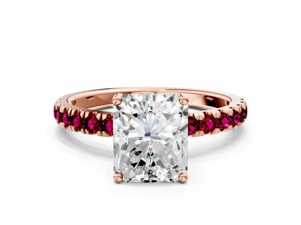 Radiant Cut Diamond Pave Band Solitaire Ring with Round Garnet and Prong Setting Rose gold