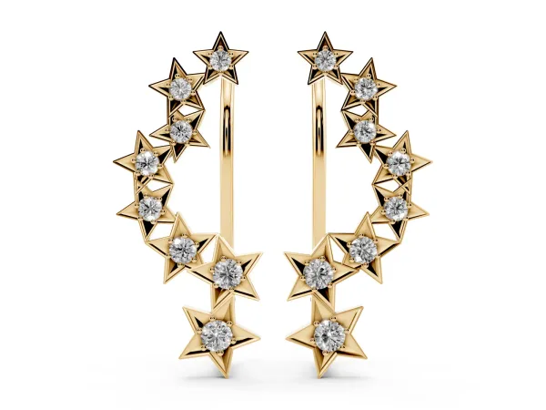 Star Cluster Diamond Crescent Earrings with Round Cut Stones on a Curved Band and Prong Setting Yellow gold