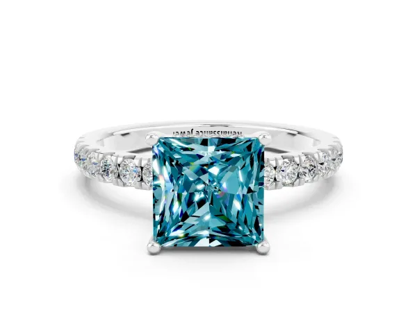 Princess Cut Blue Topaz Pave Band Solitaire Ring with Round and Prong Setting Platinum