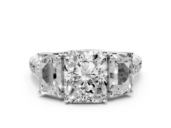 Three-Stone Radiant Cut Diamond Pavé Band with Prong Setting White gold