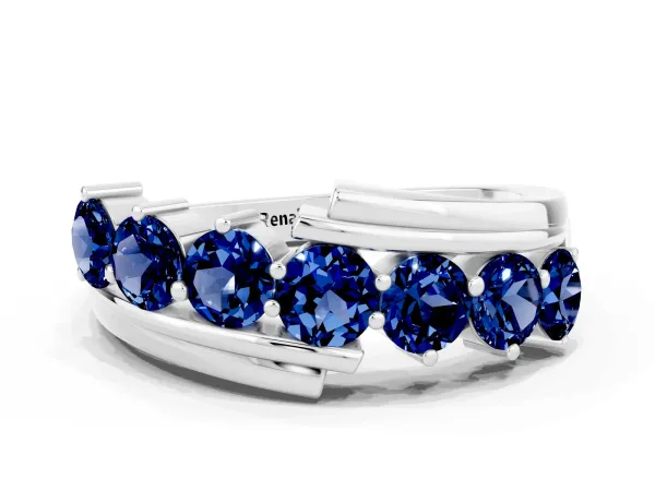 Round Blue Sapphire Wave Band with Channel and Shared Prong Setting Platinum