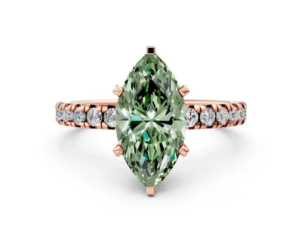 Fancy Green Marquise Cut Diamond Solitaire Pavé Engagement Ring with Round Band and Prong Setting Rose gold