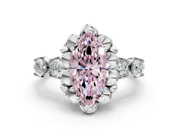 Fancy Pink Marquise Cut Cut Diamond Floral Halo Engagement Ring with Shared Prong Setting Platinum