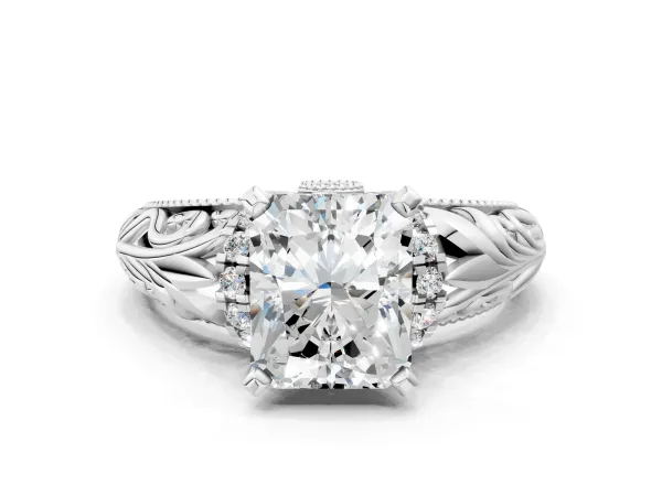 Radiant Cut Solitaire Filigree Engagement Ring with Halo and Prong Setting Platinum