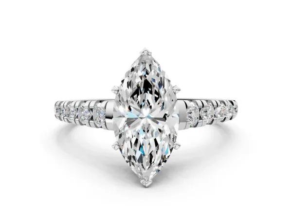 Marquise Cut Diamond Cathedral Solitaire Ring with Round Pavé Band White gold