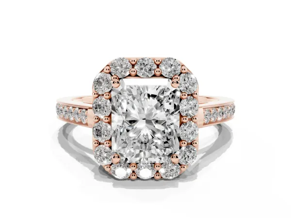 Radiant Cut Diamond Floral Halo Ring with Pavé Band and Prong Setting Rose gold