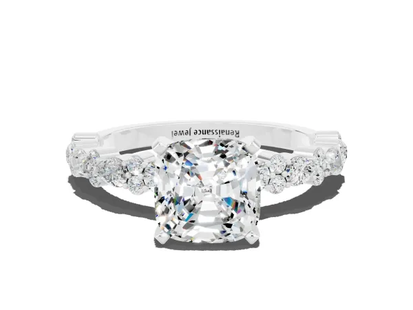 Cushion Cut Moissanite Side Stone Solitaire Ring with Round and Four-Prong Setting Platinum