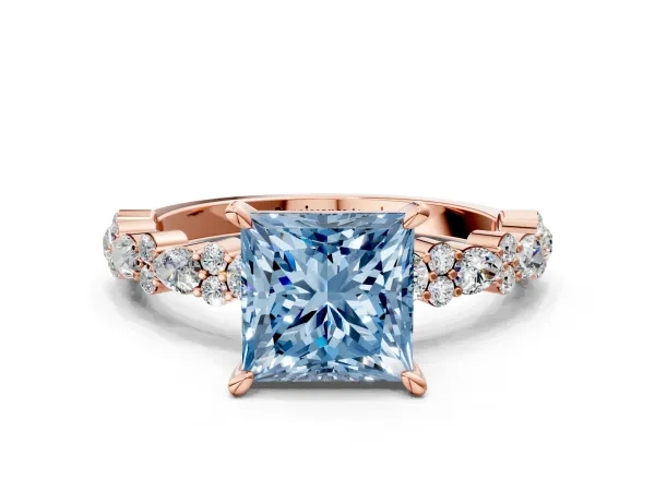 Fancy Blue Princess Cut Diamond Side Stone Solitaire Ring with Round and Four-Prong Setting Rose gold