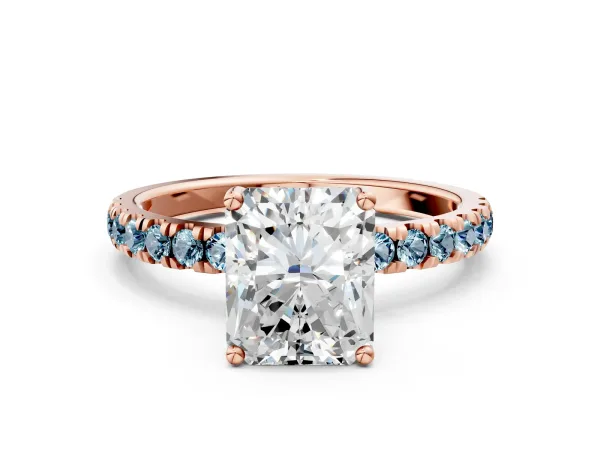 Radiant Cut Diamond Pave Band Solitaire Ring with Round Aquamarine and Prong Setting Rose gold