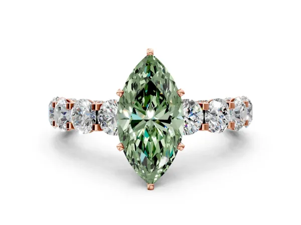 Fancy Green Marquise Cut Diamond Side Stone Engagement Ring with Four-Prong Setting Rose gold