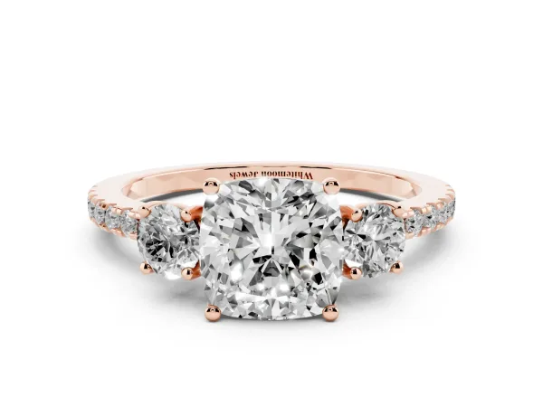Three-Stone Cushion Cut Cut Diamond Pavé Band with Prong Setting Rose gold