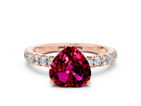 Heart Cut Garnet Pave Band Solitaire Ring with Round and Prong Setting Rose gold