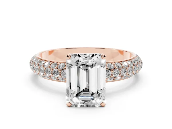Emerald Cut Diamond Solitaire Ring with Prong Setting and Pavé Band Rose gold
