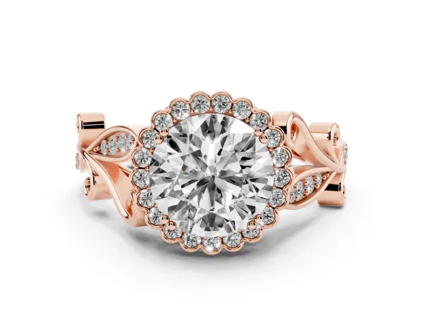 Round Cut Diamond Halo Ring with Vintage Split Shank and Four-Prong Setting Rose gold