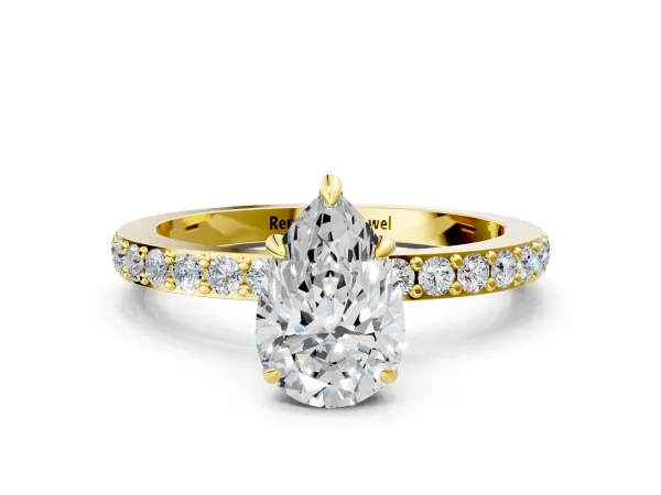 Pear Cut Diamond Solitaire Engagement Ring with Pavé Band and Four-Prong Setting Yellow gold