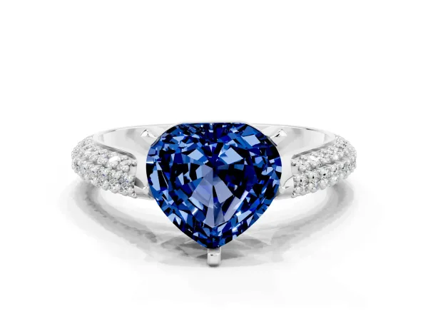 Heart Cut Blue Sapphire Solitaire Engagement Ring with Multi-Row Round Pavé Band and Prong Setting Platinum