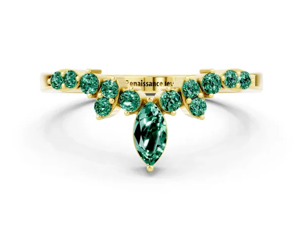 Marquise and Round Green Sapphire Chevron Band with Prong Setting Yellow gold