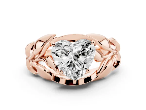 Heart Cut Diamond Leaf-Inspired Engagement Ring with Round Accents and Prong Setting Rose gold