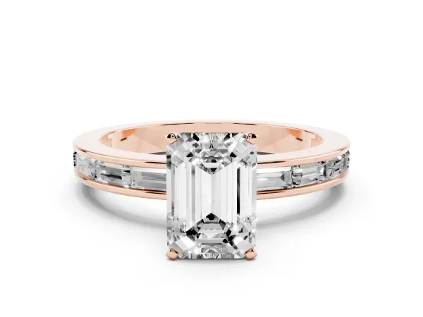 Emerald Cut Solitaire Diamond Ring with Channel-Set Baguette Band and Four-Prong Setting Rose gold
