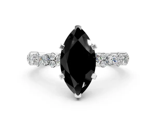 Fancy Black Marquise Cut Diamond Side Stone Solitaire Ring with Round and Four-Prong Setting White gold