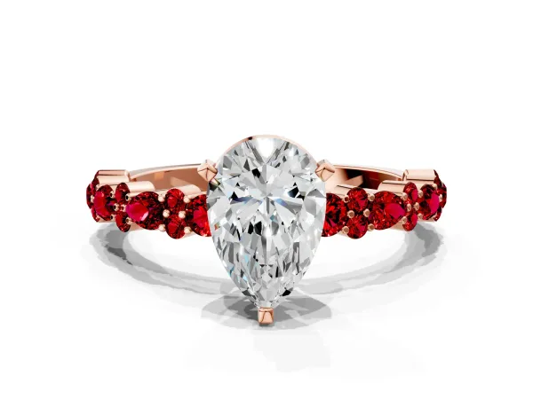Pear Cut Diamond Side Stone Solitaire Ring with Round Ruby and Four-Prong Setting Rose gold