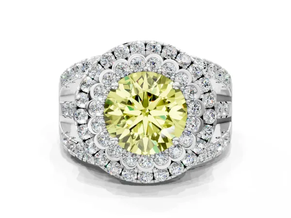 Fancy Yellow Round Cut Diamond Double Halo Ring with Round Pavé Split Shank and Prong Setting White gold