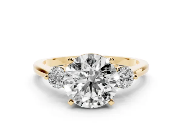 Three-Stone Round Cut Solitaire Ring with Tapered Band and Four-Prong Setting Yellow gold