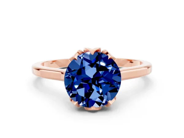 Round Cut Blue Sapphire Solitaire Ring with Flower Prong Setting and Classic Band Rose gold