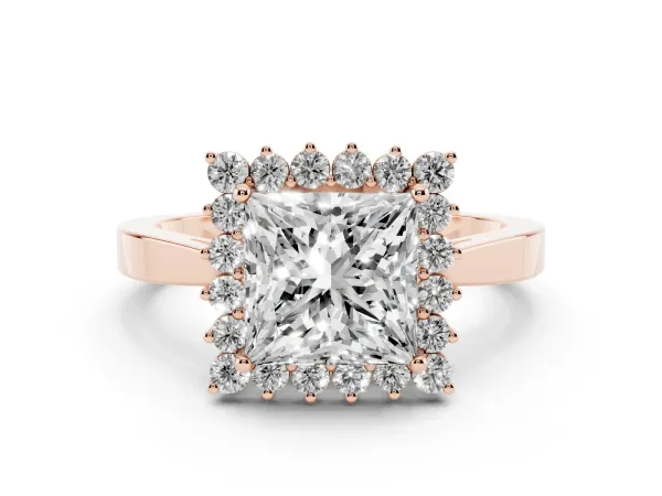 Princess Cut Cut Diamond Halo Ring with Round Brilliant Halo and Solitaire Band Rose gold