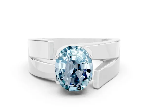 Modern Tension Set Oval Cut Aquamarine Solitaire Wide Band Ring Platinum