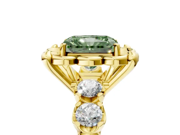 Fancy Green Radiant Cut Cut Diamond Floral Halo Engagement Ring with Shared Prong Setting Yellow gold
