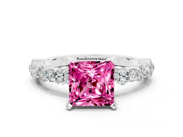 Princess Cut Pink Sapphire Side Stone Solitaire Ring with Round and Four-Prong Setting Platinum