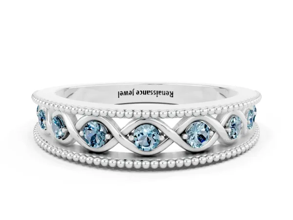 Round Aquamarine Twist Milgrain Band with Bezel Setting Platinum