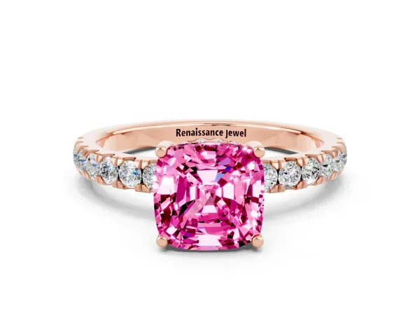 Cushion Cut Pink Sapphire Pave Band Solitaire Ring with Round and Prong Setting Rose gold