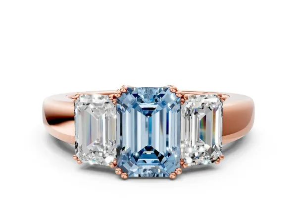 Fancy Blue Three-Stone Emerald Cut Cut Diamond Ring with Channel Set Band and Four-Prong Setting Rose gold