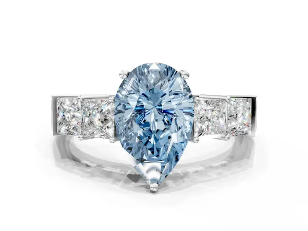Fancy Blue Pear Cut Solitaire Princess Side Stone Engraved Band Prong Setting Ring Platinum