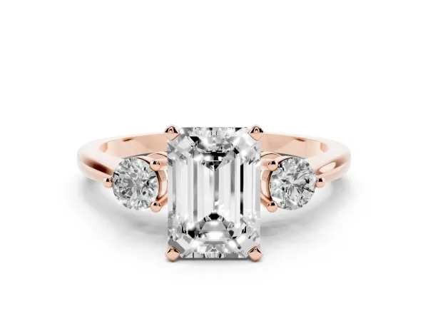 Three-Stone Emerald Cut Solitaire Ring with Tapered Band and Four-Prong Setting Rose gold