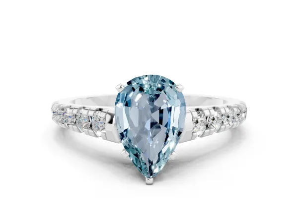 Pear Cut Aquamarine Cathedral Solitaire Ring with Round Pavé Band White gold