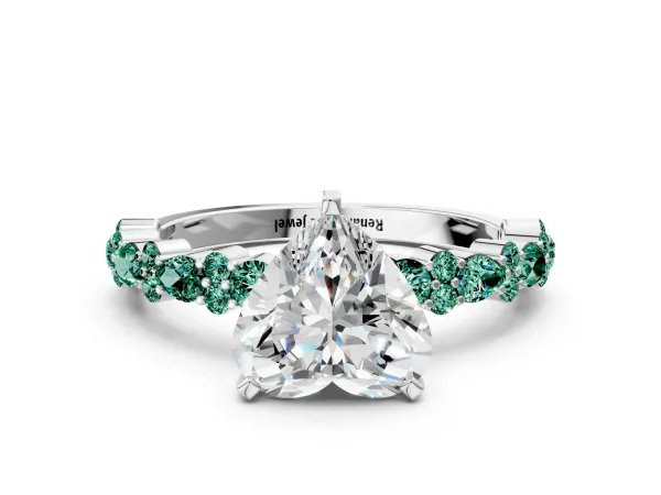 Heart Cut Diamond Side Stone Solitaire Ring with Round Green Sapphire and Four-Prong Setting Platinum