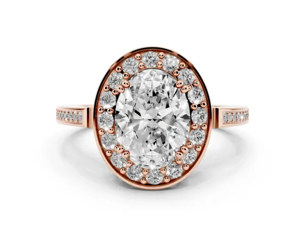 Oval Cut Diamond Halo Ring with Split Shank and Four-Prong Setting Rose gold