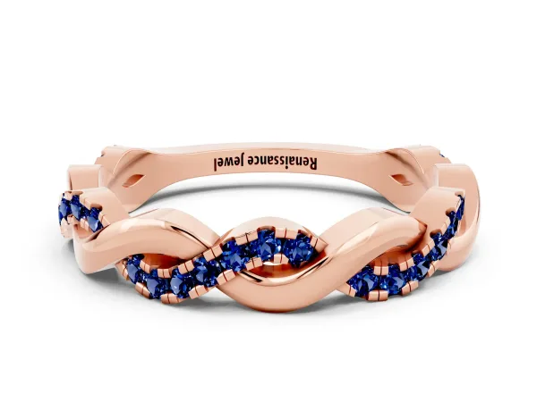 Pavé Round Blue Sapphire Twist Eternity Band with Shared Prong Setting Rose gold