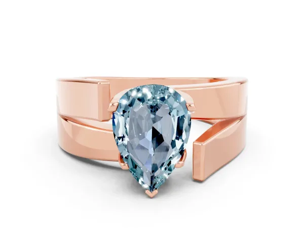 Modern Tension Set Pear Cut Aquamarine Solitaire Wide Band Ring Rose gold