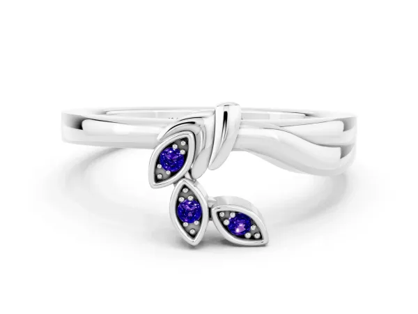 Three-Stone Round Tanzanite Leaf Bypass Ring with Bezel Setting Platinum