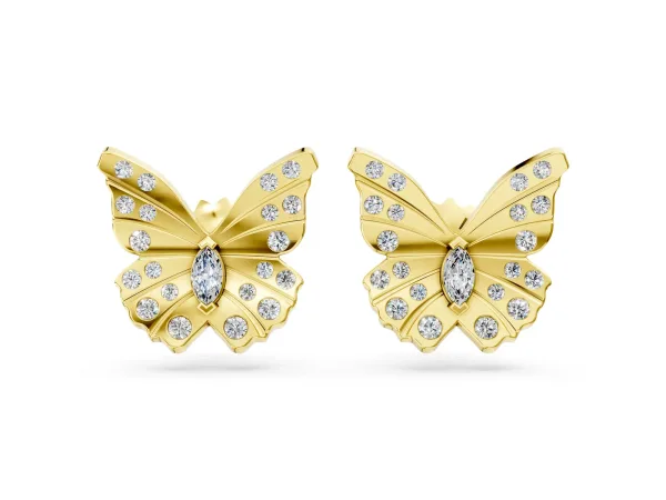 Round and Marquise Diamond Flutter Butterfly Stud Earrings Yellow gold