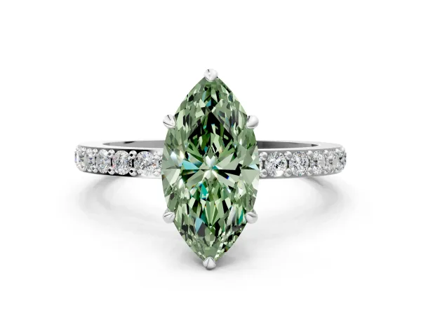 Fancy Green Marquise Cut Diamond Solitaire Engagement Ring with Pavé Band and Four-Prong Setting Platinum
