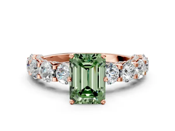 Fancy Green Emerald Cut Diamond Side Stone Engagement Ring with Four-Prong Setting Rose gold