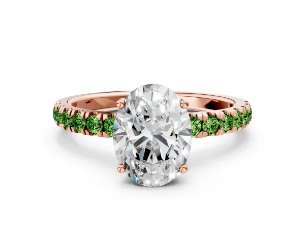 Oval Cut Diamond Pave Band Solitaire Ring with Round Peridot and Prong Setting Rose gold